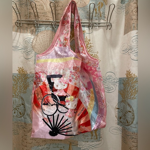 Hello Kitty Japan Shoulder Nylon Bag Tote Pink Floral Purse Reusable Beach Book - Picture 1 of 13